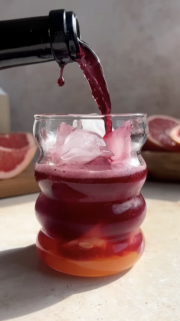 pouring Lambrusco into a glass to make a Lambrusco Spritz