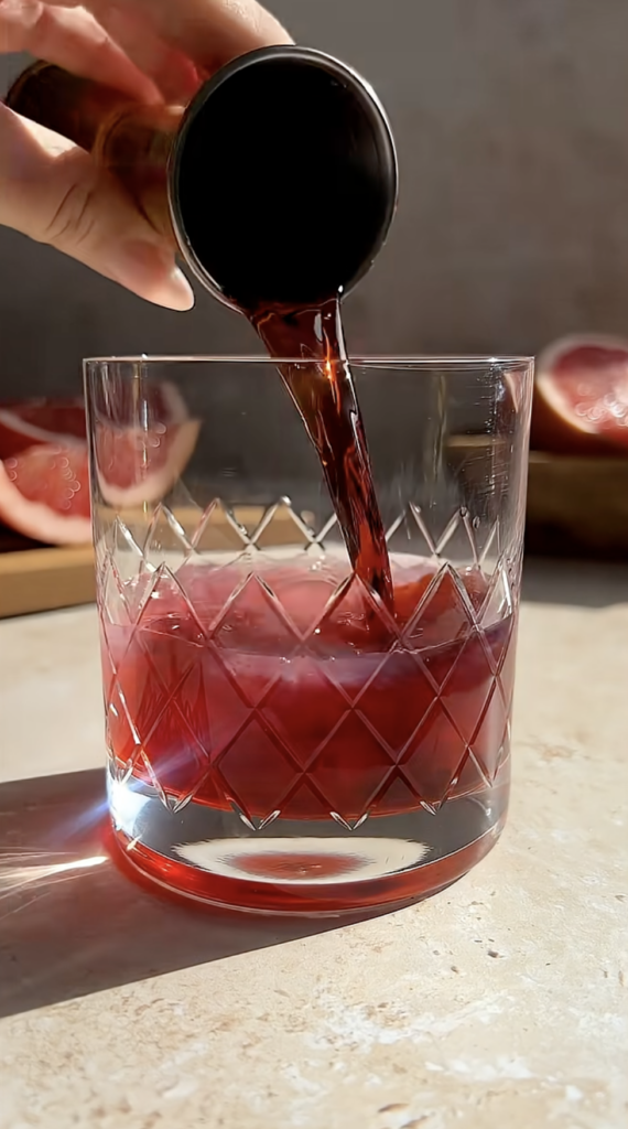 pouring winter negroni sour ingredients into a mixing glass
