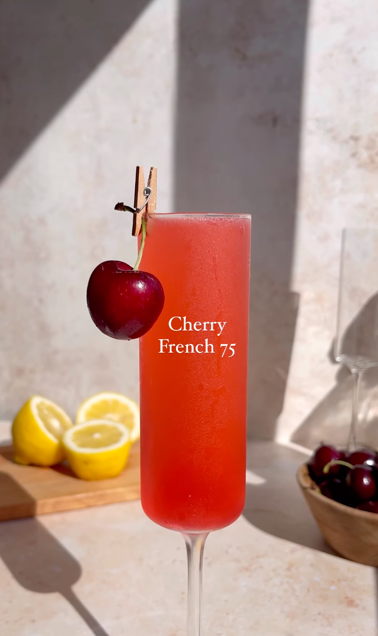 Cherry French 75 with a cherry infused gin