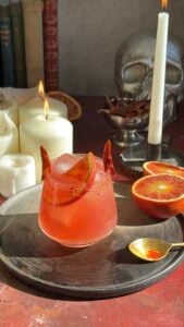 Chili crisp blood orange paloma Halloween cocktail