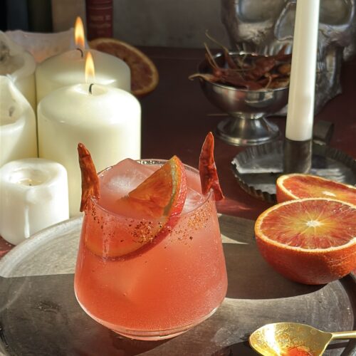 Chili crisp blood orange paloma Halloween cocktail