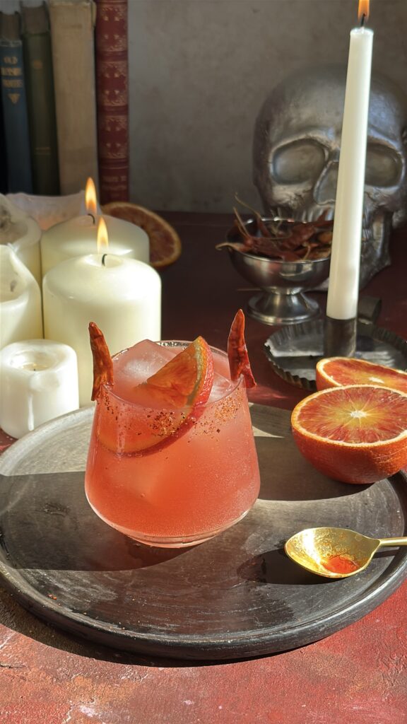 Chili crisp blood orange paloma Halloween cocktail