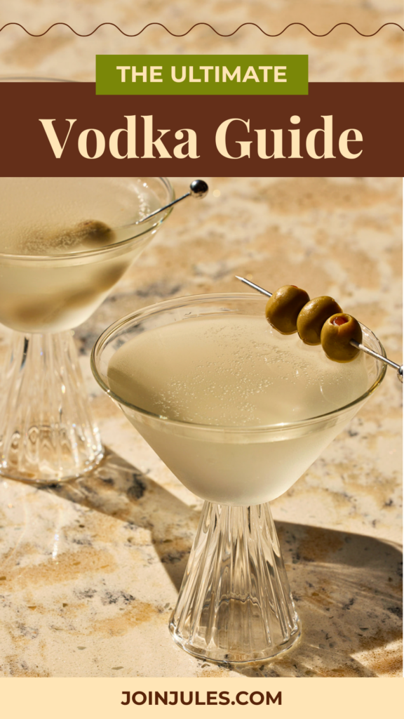 "the ultimate vodka guide" with two martinis garnished with olives.