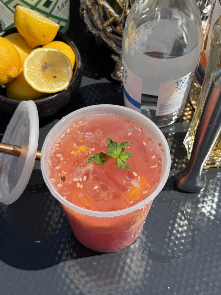 watermelon hugo spritz cocktail in a deli container