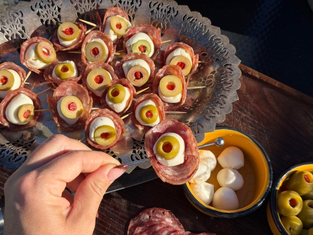 Halloween eyeball appetizer and cocktail garnish