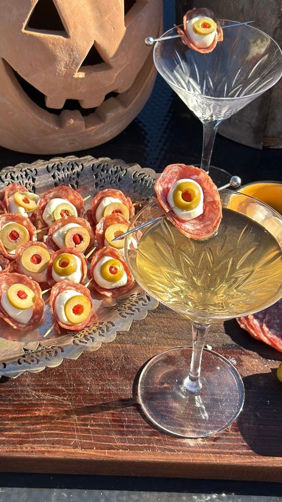 Halloween salami eyeball appetizer and cocktail garnish